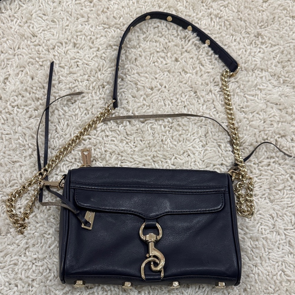 Rebecca Minkoff Navy Leather Crossbody Bag with Gold Chain